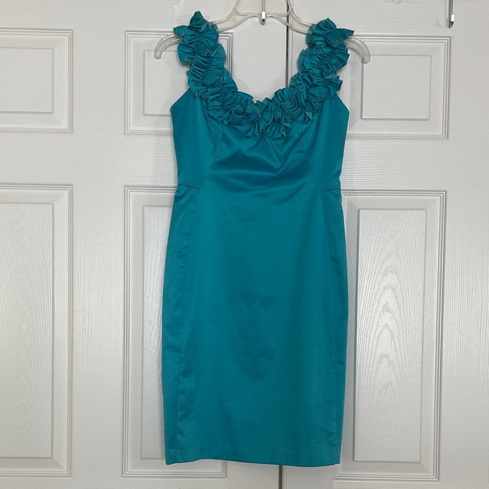 Vintage Maggy London Turquoise Rosette Ruffle-Neck Fitted Smooth Fabric Mini
